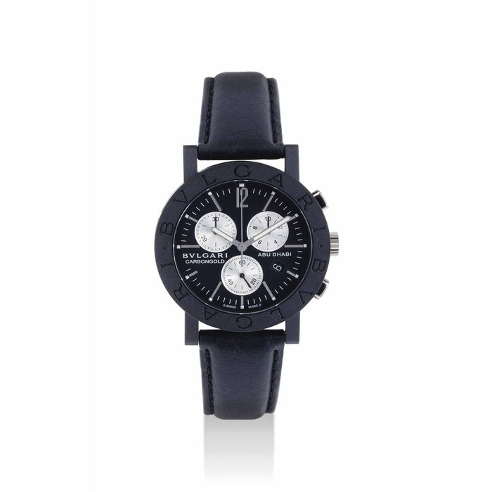 BULGARI. A FINE CARBON LIMITED EDITION CHRONOGRAPH WRISTWATCH WITH DATE, MADE FOR ABU DHABI SIGNED BULGARI, BULGARI BULGARI CARBONGOLD MODEL, NO. 033/500, REF. BB 38 CL CH, CIRCA 2008
