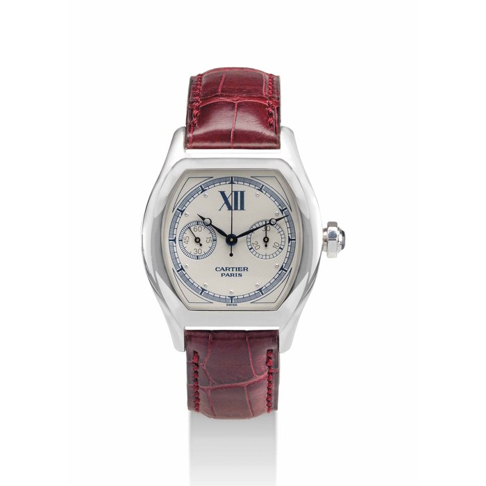 CARTIER. A FINE 18K WHITE GOLD TONNEAU-SHAPED SINGLE-BUTTON CHRONOGRAPH WRISTWATCH SIGNED CARTIER, PARIS, TORTUE MODEL, CASE NOS. 2396 AND 421 CC, CIRCA 2008