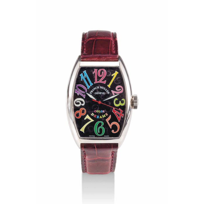 FRANCK MULLER. AN 18K WHITE GOL D TONNEAU-SHAPED AUTOMATIC WRISTWATCH WITH SWEEP CENTRE SECONDS SIGNED FRANCK MULLER, GENEVE, COLOUR DREAMS MODEL, NO. 259, REF. 5850 SC, CIRCA 2000