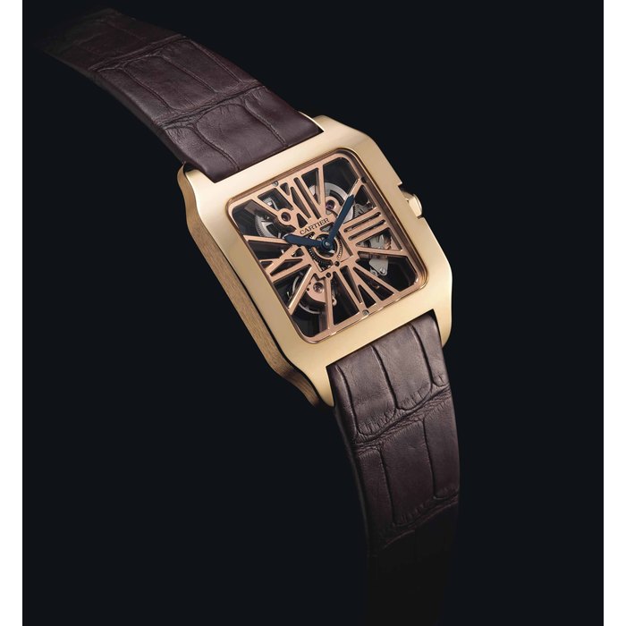 CARTIER. A FINE AND RARE 18K PINK GOLD SQUARE SKELETONISED WRISTWATCH SIGNED CARTIER, SANTOS DUMONT MODEL, MOVEMENT NO. 255, CASE NOS. 3480 AND 156, CIRCA 2012