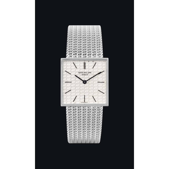 PATEK PHILIPPE. AN 18K WHITE GOLD SQUARE BRACELET WATCH SIGNED PATEK PHILIPPE, GENEVE, REF. 3430, MOVEMENT NO. 1'148'046, CASE NO. 2'659'495, MANUFACTURED IN 1968