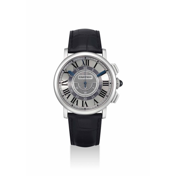 CARTIER. A FINE AND RARE 18K WHITE GOLD CHRONOGRAPH WRISTWATCH SIGNED CARTIER, ROTONDE DE CARTIER CENTRAL CHRONOGRAPH MODEL, MOVEMENT NO. 331, CASE NOS. 2956 AND 213, CIRCA 2013