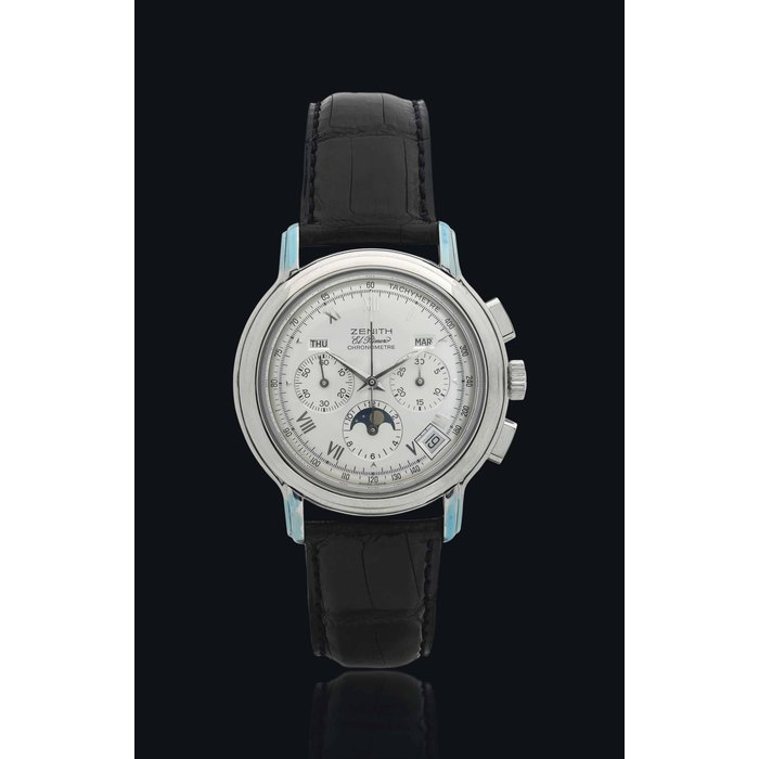 ZENITH. A FINE STAINLESS STEEL AUTOMATIC TRIPLE CALENDAR CHRONOGRAPH WRISTWACH WITH MOON PHASES SIGNED ZENITH, CHRONOMASTER, EL PRIMERO MODEL, REF. 01 0240 410, MOVEMENT. 116'054, CASE NO. 10'193, CIRCA 1998