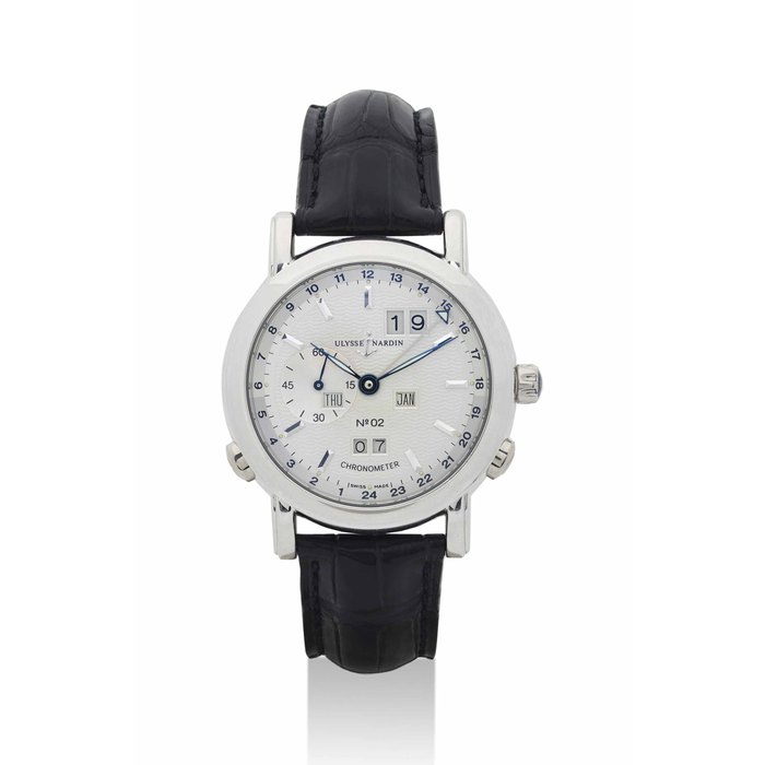 ULYSSE NARDIN. A FINE PLATINUM LIMITED EDITION PERPETUAL CALENDAR WRISTWATCH WITH DUAL-TIME ZONE INDICATION SIGNED ULYSSE NARDIN, CHRONOMETER GMT PERPETUAL MODEL, NO.02, REF. 329-80, MOVEMENT NO 32.16.0330, CIRCA 1995