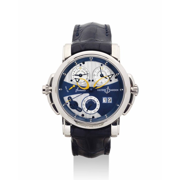 ULYSSE NARDIN. A FINE AND UNUSUAL 18K WHITE GOLD AUTOMATIC DUAL TIME WRISTWATCH WITH SWEEP CENTRE SECONDS, DATE, MUSICAL ALARM AND COUNTDOUWN INDICATION SIGNED ULYSSE NARDIN, SONATA CATHEDRAL DUAL TIME MODEL, NO. 984, REF. 670-88, CIRCA 2004