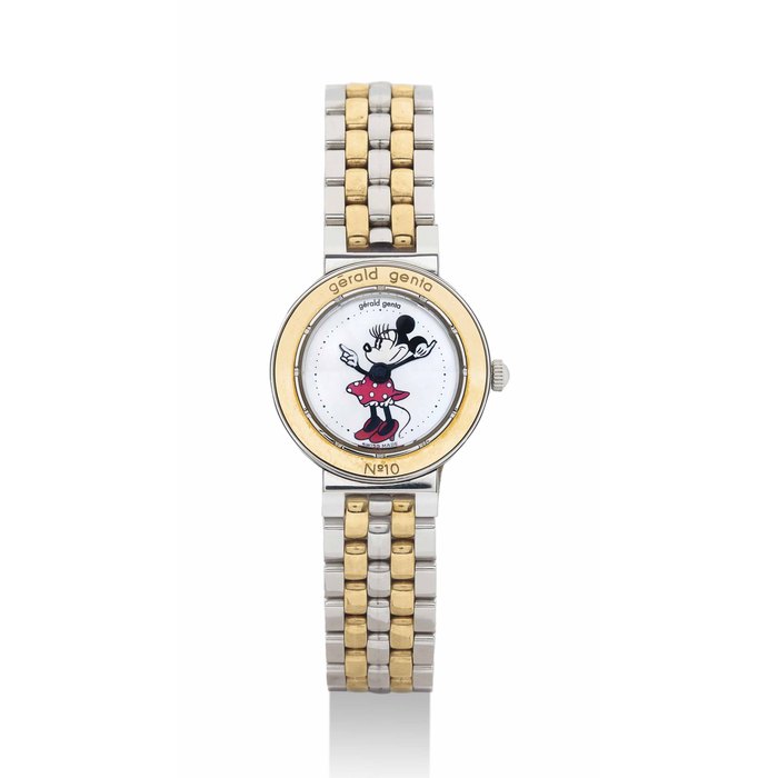 GERALD GENTA. A LADY'S 18K GOLD AND STAINLESS STEEL WRISTWATCH WITH MOTHER-OF-PEARL DIAL AND BRACELET SIGNED GERALD GENTA, DISNEY, MINNIE MOUSE MODEL, NO. 10, REF. 3338.7, CASE NO. 6'396, CIRCA 1997