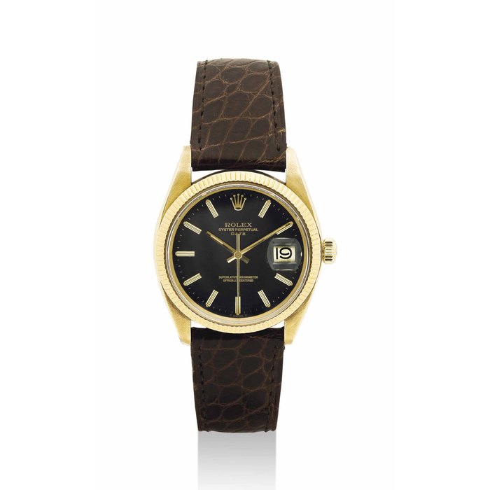 ROLEX. A FINE 18K GOLD AUTOMATIC WRISTWATCH WITH SWEEP CENTRE SECONDS AND DATE SINGED ROLEX, OYSTER PERPETUAL, DATEJUST MODEL, REF. 1503, CASE NO. 4'156'675, CIRCA 1975
