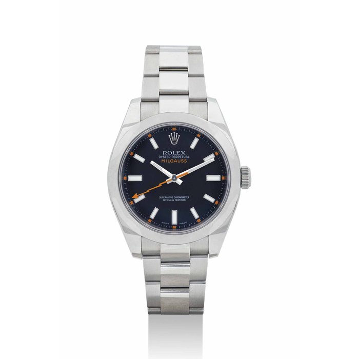 ROLEX. A STAINLESS STEEL AUTOMATIC ANTI-MAGNETIC WRISTWATCH WITH SWEEP CENTRE SECONDS AND BRACELET SIGNED ROLEX, OYSTER PERPETUAL, MILGAUSS MODEL, REF. 16400, CASE NO. M212286, CIRCA 2007