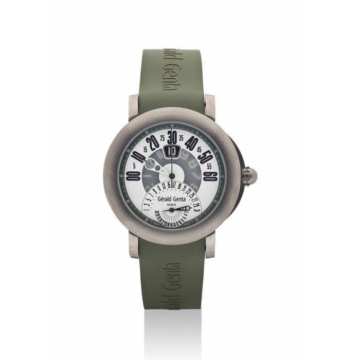 Gerald Genta GERALD GENTA. A TITANIUM AUTOMATIC WRISTWATCH WITH JUMPING HOURS, RETROGRADE MINUTES, DATE AND SWEEP CENTRE SECONDS SIGNED GERALD GENTA, ARENA BIRETRO MODEL, REF. BSP.Y.80, CASE NO. 119'782, CIRCA 2006, Price & Market Data