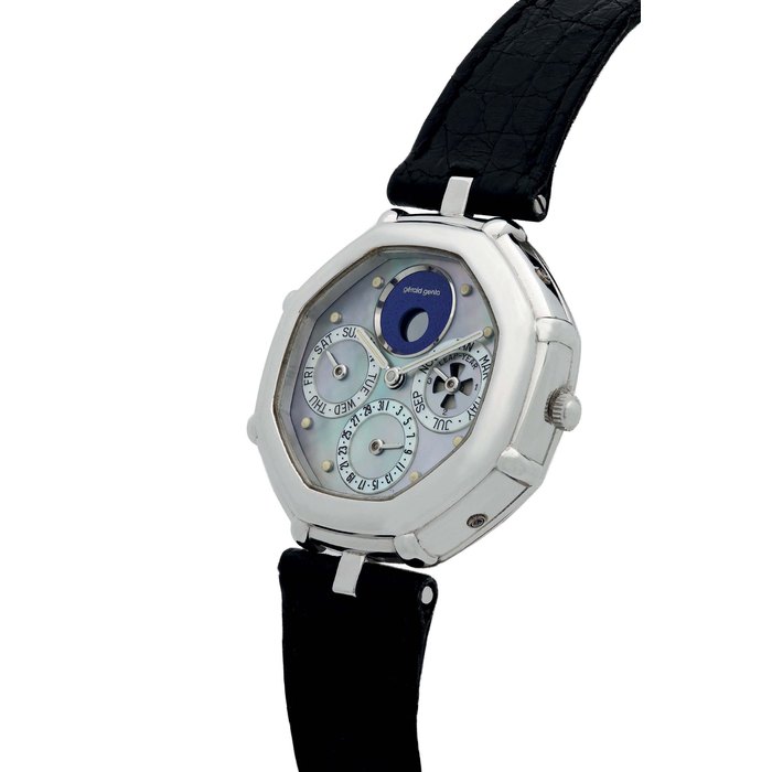 Gerald Genta GERALD GENTA. A VERY FINE 18K WHITE GOLD AUTOMATIC OCTAGONAL PERPETUAL CALENDAR WRISTWATCH WITH MOTHER-OF-PEARL DIAL AND MOON PHASES SIGNED GERALD GENTA, AUTOMATIC, REF. G.32747, CASE NO. 54700, CIRCA 2007, Price & Market Data