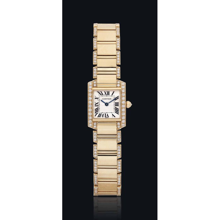CARTIER. A LADY'S FINE 18K GOLD AND DIAMOND-SET SQUARE WRISTWATCH WITH BRACELET SIGNED CARTIER, TANK FRANÇAISE MODEL, REF. 2385, CASE NO. MG284815, CIRCA 2009
