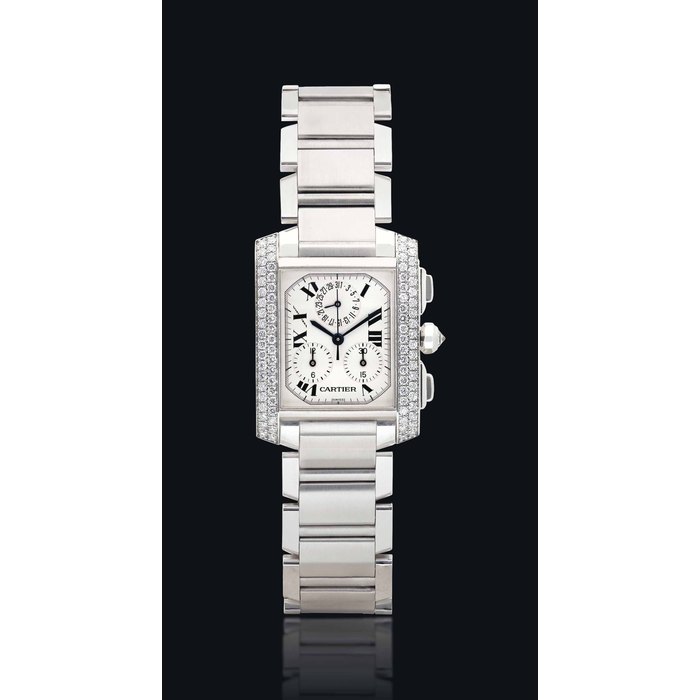 CARTIER. A FINE 18K WHITE GOLD AND DIAMOND-SET RECTANGULAR CHRONOGRAPH WRISTWATCH WITH DATE AND BRACELET SIGNED CARTIER, TANK FRANÇAISE MODEL, REF. 2367, CASE NO. MG263051, CIRCA 2000