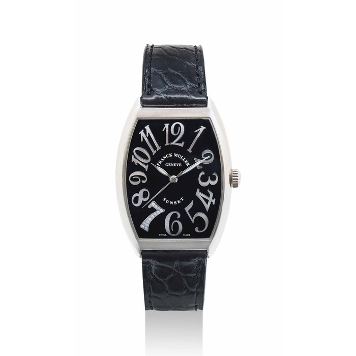 FRANCK MULLER. AN 18K WHITE GOLD AND DIAMOND-SET LIMITED EDITION AUTOMATIC TONNEAU-SHAPED WRISTWATCH WITH SWEEP CENTRE SECONDS, AN 18K WHITE GOLD AND DIAMOND-SET RING AND A PAIR OF 18K WHITE GOLD AND DIAMOND-SET EARINGS SIGNED FRANCK MULLER, GENÈVE, MASTER OF COMPLICATIONS, TALISMAN EDITION, NO. 14/15, REF.6850 SC SUNSET, CIRCA 2005