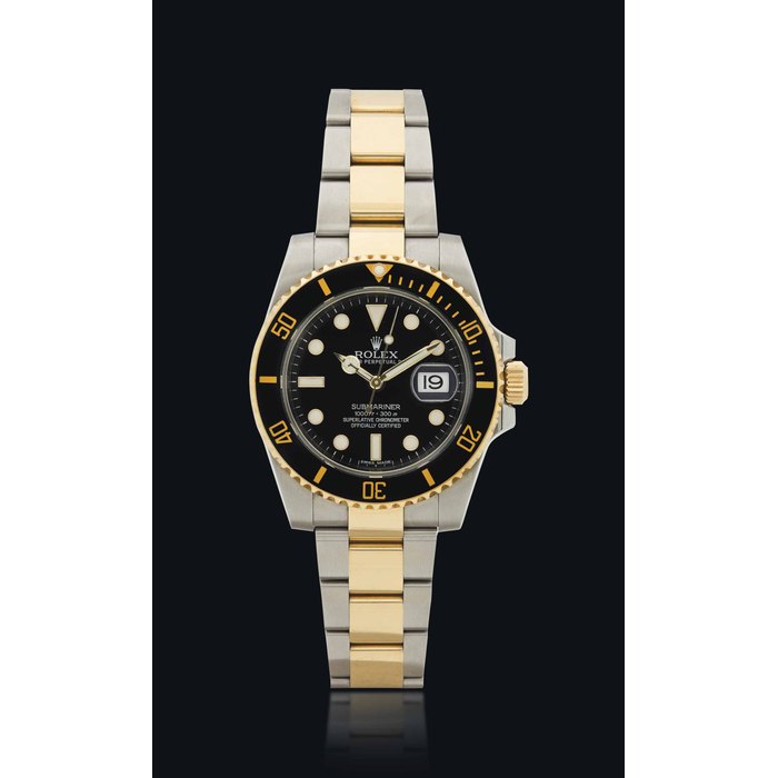 ROLEX. A STAINLESS STEEL AND 18K GOLD AUTOMATIC WRISTWATCH WITH SWEEP CENTRE SECONDS, DATE AND BRACELET SIGNED ROLEX, OYSTER PERPETUAL DATE, SUBMARINER MODEL, REF. 116613, CASE NO. 8D3619H5, CIRCA 2012