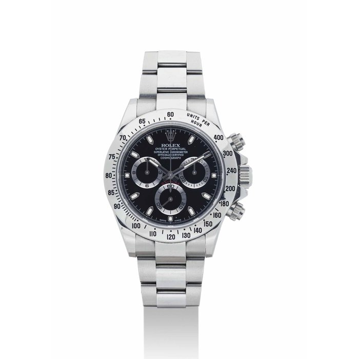 ROLEX. A FINE STAINLESS STEEL AUTOMATIC CHRONOGRAPH WRISTWATCH SIGNED ROLEX, OYSTER PERPETUAL, COSMOGRAPH DAYTONA MODEL, REF. 116520, CASE NO. L0Q72827, CIRCA 2013