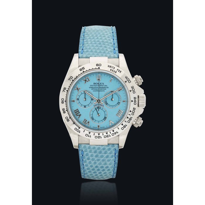 ROLEX. A FINE 18K WHITE GOLD AUTOMATIC CHRONOGRAPH WRISTWATCH WITH TURQUOISE DIAL SIGNED ROLEX, OYSTER PERPETUAL, COSMOGRAPH DAYTONA BEACH MODEL, REF.116519, CASE NO. P490868, CIRCA 2000