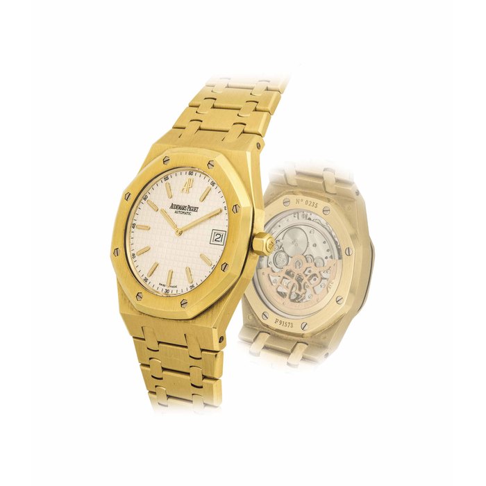 AUDEMARS PIGUET. A VERY FINE 18K GOLD AUTOMATIC WRISTWATCH WITH DATE AND BRACELET SIGNED AUDEMARS PIGUET, ROYAL OAK MODEL, NO. 0235, REF. 15202BA.OO.0944BA.01, MOVEMENT. 653'170, CASE NO. F91573-0235, CIRCA 2010