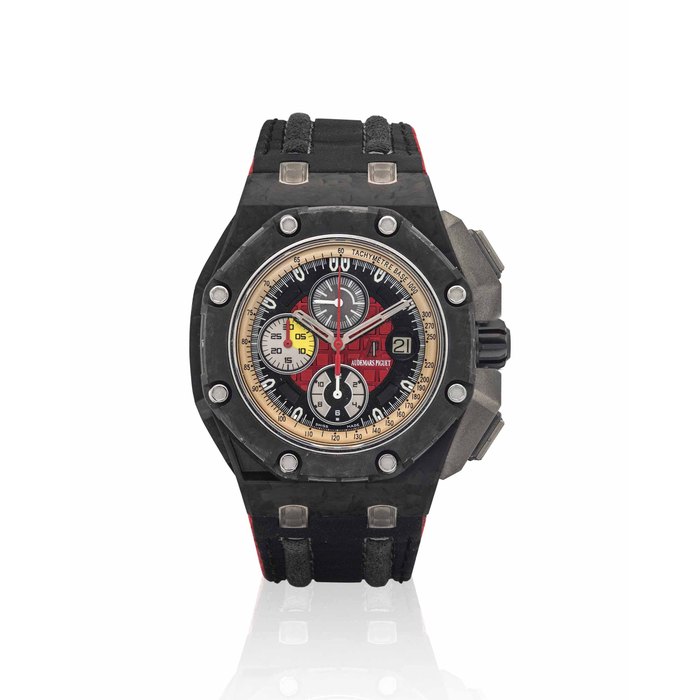 AUDEMARS PIGUET. A VERY FINE OVERSIZED FORGED CARBON, TITANIUM AND CERAMIC LIMITED EDITION AUTOMATIC CHRONOGRAPH WRISTWATCH WITH DATE SIGNED AUDEMARS PIGUET, ROYAL OAK OFFSHORE, GRAND PRIX MODEL, NO. 0028/1750, REF. 26290IO.OO.A001VE.01, MOVEMENT NO. 759'243, CASE NO. G 88551, CIRCA 2010