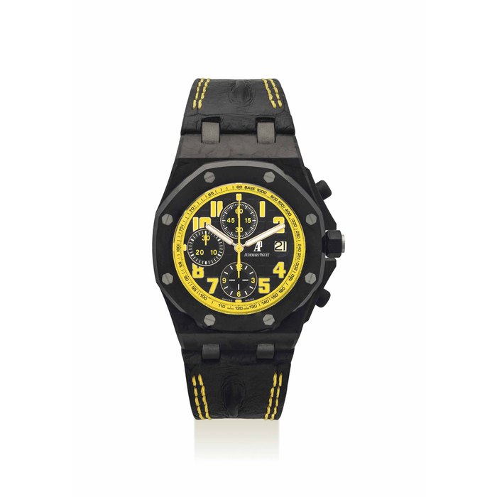 AUDEMARS PIGUET. A FINE AND RARE FORGED CARBON AND CERAMIC AUTOMATIC CHRONOGRAPH WRISTWATCH WITH DATE SIGNED AUDEMARS PIGUET, ROYAL OAK OFFSHORE, BUMBLE BEE MODEL, NO. 0172, REF. 26176FO.OO. D101CR.02, MOVEMENT NO. 755'542, CASE NO. G78719, CIRCA 2009