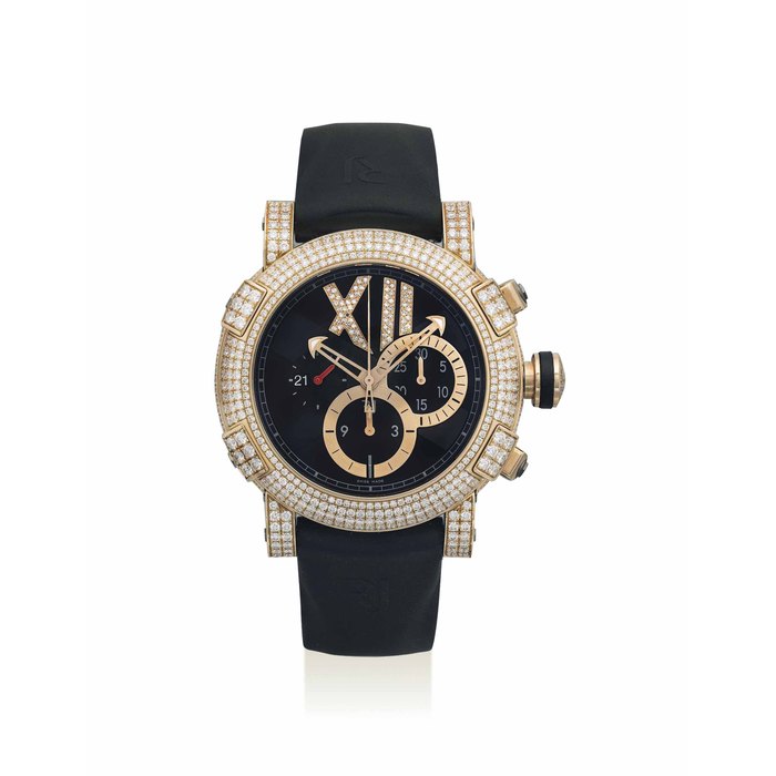 ROMAIN JEROME. A FINE 18K PINK GOLD, TITANIUM, STAINLESS STEEL AND DIAMOND-SET AUTOMATIC CHRONOGRAPH WRISTWATCH WITH DATE, MADE WITH PARTS OF THE TITANIC SIGNED ROMAIN JEROME, REF. CH.T.22222.91, CASE NO. 104'119, CIRCA 2012