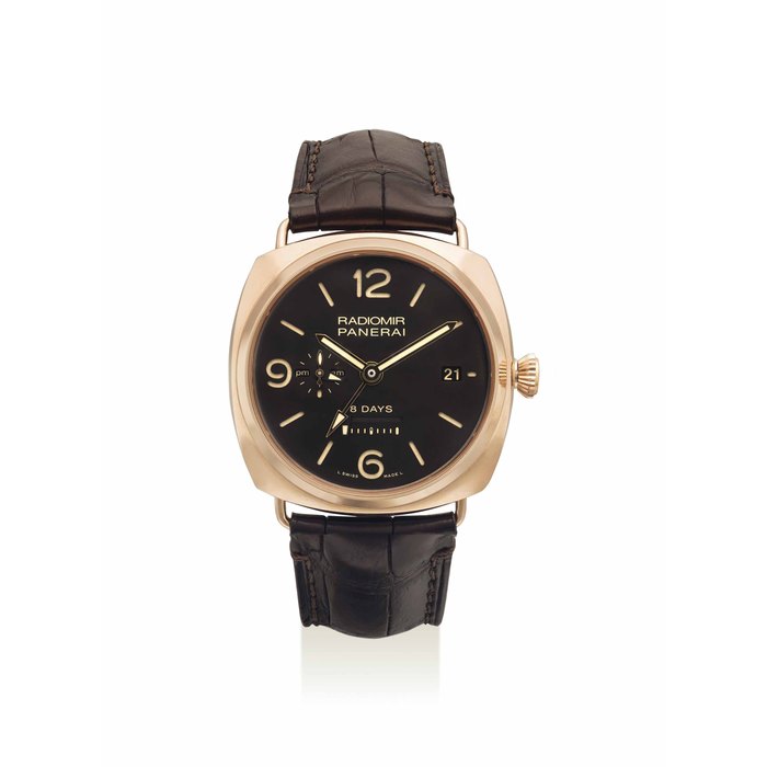 PANERAI. AN 18K PINK GOLD LIMITED EDITION CUSHION-SHAPED DUAL TIME WRISTWATCH WITH DAY AND NIGHT INDICATOR, 8 DAY POWER RESERVE AND DATE SIGNED PANERAI, RADIOMIR PANERAI 8 DAYS MODEL, NO. O 244/500, REF. PAM00395, MOVEMENT NO. 000210, CASE NO. OP6890 CIRCA 2010