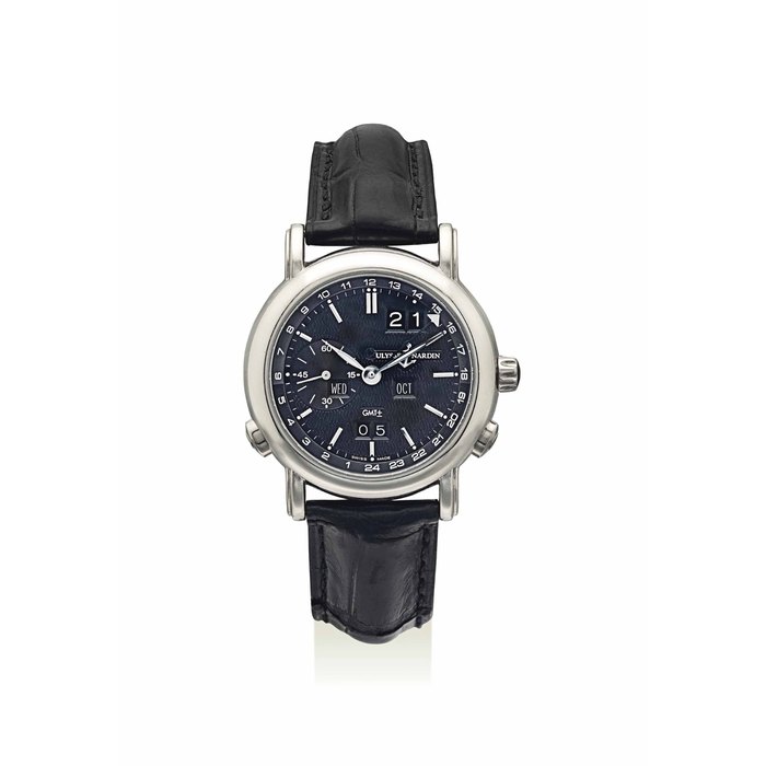 ULYSSE NARDIN. A FINE 18K WHITE GOLD AUTOMATIC PERPETUAL CALENDAR DUAL TIME WRISTWATCH WITH 24 HOUR DISPLAY AND LEAP YEAR INDICATION SIGNED ULYSSE NARDIN, GMT-PERPETUAL MODEL, NO. 481, REF. 320-22, MOVEMENT NO. 32.16.1839, CIRCA 2003