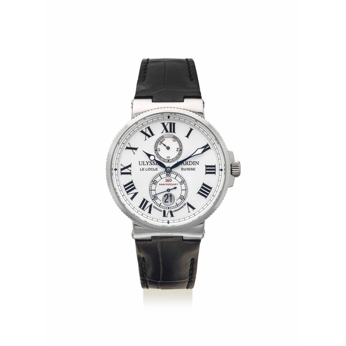 ULYSSE NARDIN. A VERY FINE PLATINUM LIMITED EDITION AUTOMATIC WRISTWATCH WITH DATE, POWER RESERVE AND ENAMEL DIAL, MADE TO CELEBRATE THE 160TH ANNIVERSARY OF THE MANUFACTURE SIGNED ULYSSE NARDIN, LE LOCLE, SUISSE, CHRONOMETER ANNIVERSARY, NO. 77/160, REF. 269-65, MOVEMENT NO. 09'889, CIRCA 2005