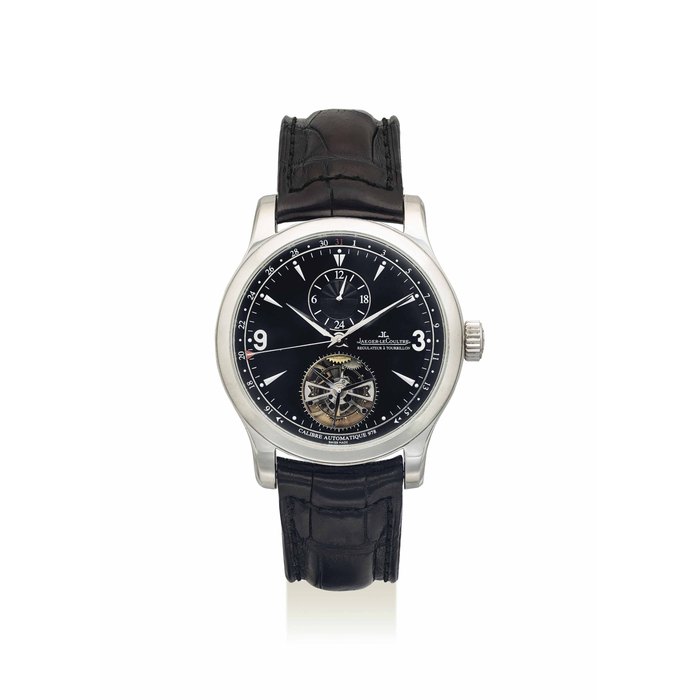 JAEGER-LECOUTRE. A VERY FINE PLATINUM LIMITED EDITION AUTOMATIC DUAL TIME TOURBILLON WRISTWATCH WITH DATE SIGNED JAEGER-LECOULTRE, REGULATEUR A TOURBILLON, MASTER TOURBILLON MODEL, NO. 214/300, REF. 149.6.34.S, CASE NO. 2'408'069, CIRCA 2008