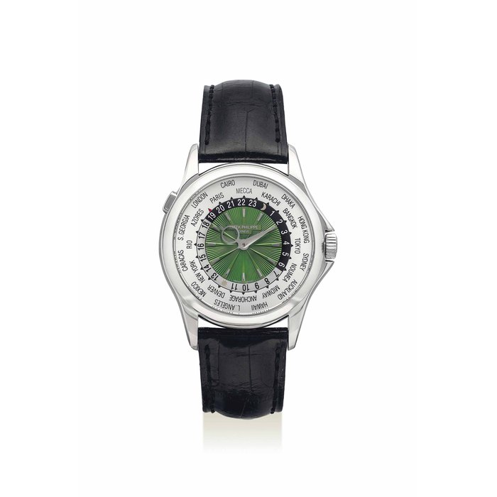 PATEK PHILIPPE. AN EXTREMELY RARE AND ATTRACTIVE PLATINUM LIMITED EDITION AUTOMATIC WORLD TIME WRISTWATCH WITH GREEN DIAL, ORIGINAL CERTIFICATE AND BOX . SIGNED PATEK PHILIPPE, GENEVE, REF. 5130P-015, MOVEMENT NO. 5'615'783, CASE NO. 4'547'893, CIRCA 2011