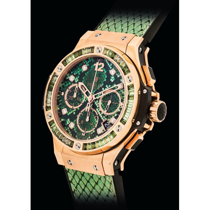 HUBLOT. A VERY FINE 18K PINK GOLD AND TITANIUM, DIAMOND AND TSAVORITE-SET LIMITED EDITION AUTOMATIC CHRONOGRAPH WRISTWATCH WITH DATE AND SNAKE PATTERNED DIAL SIGNED HUBLOT, BIG BANG, BOA BANG MODEL, NO. 113/250, REF. 341.PX.7818.PR.1978, CASE NO. 932'614, CIRCA 2012
