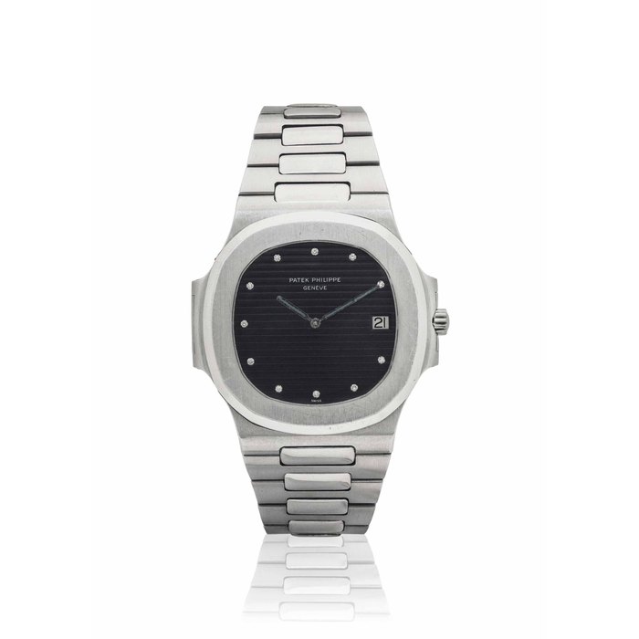 PATEK PHILIPPE. A FINE AND RARE STAINLESS STEEL AND DIAMOND-SET AUTOMATIC WRISTWATCH WITH DATE AND BRACELET SIGNED PATEK PHILIPPE, GENEVE, NAUTILUS MODEL, REF. 3700/11, MOVEMENT NO. 1'309'286, CASE NO. 540'831, MANUFACTURED IN 1980