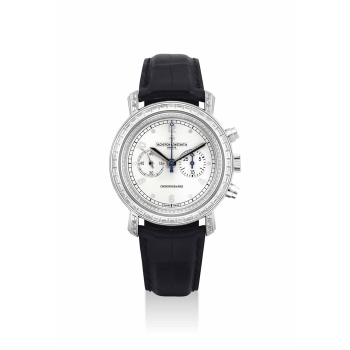 VACHERON CONSTANTIN. A VERY FINE AND RARE 18K WHITE GOLD AND DIAMOND-SET CHRONOGRAPH WRISTWATCH SIGNED VACHERON CONSTANTIN, GENEVE, CHRONOGRAPHE, MALTE MODEL, REF. 47621, MOVEMENT NO. 980'320, CASE NO. 1'129'367, MANUFACURED IN 2008