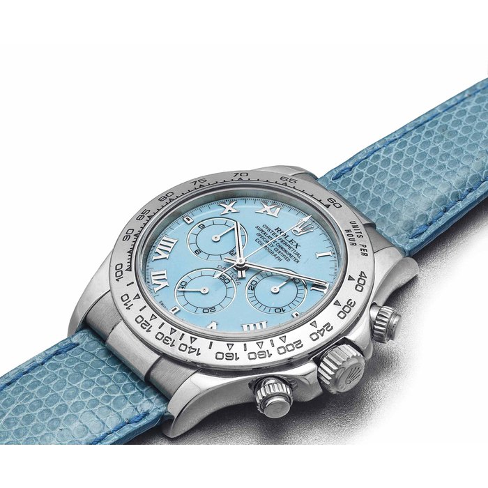 ROLEX. A FINE 18K WHITE GOLD AUTOMATIC CHRONOGRAPH WRISTWATCH WITH TURQUOISE DIAL SIGNED ROLEX, OYSTER PERPETUAL, COSMOGRAPH DAYTONA, BEACH MODEL, REF. 116519, CASE NO. P184966, CIRCA 2000