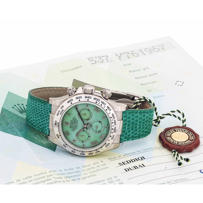 ROLEX. A VERY FINE 18K WHITE GOLD AUTOMATIC CHRONOGRAPH WRISTWATCH WITH CHRYSOPRASE AGATE DIAL SIGNED ROLEX, OYSTER PERPETUAL, COSMOGRAPH DAYTONA, BEACH MODEL, REF. 116519, CASE NO. Y761967, CIRCA 2002