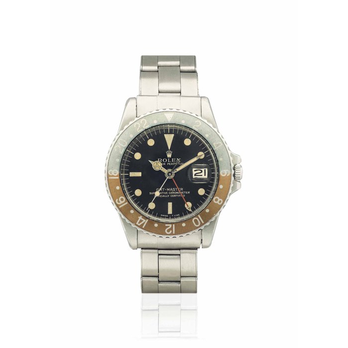 ROLEX. A RARE STAINLESS STEEL AUTOMATIC DUAL TIME WRISTWATCH WITH SWEEP CENTRE SECONDS, DATE, BRACELET, BLACK GLOSS DIAL, BOX AND PAPERS SIGNED ROLEX, OYSTER PERPETUAL, GMT-MASTER MODEL, REF. 1675, CASE NO. 1'205'354, CIRCA 1965