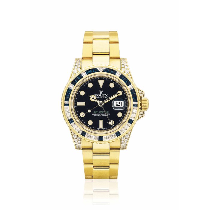 ROLEX. A VERY FINE AND RARE 18K GOLD, DIAMOND AND SAPPHIRE-SET AUTOMATIC DUAL TIME WRISTWATCH WITH SWEEP CENTRE SECONDS, DATE AND BRACELET SIGNED ROLEX, OYSTER PERPETUAL DATE, GMT-MASTER II MODEL, REF. 116758, CASE NO. 14Q68525, CIRCA 2010