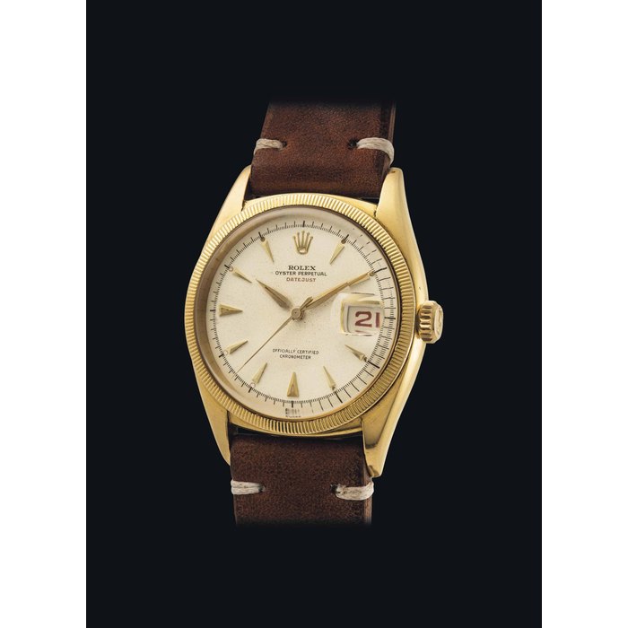 ROLEX. A FINE AND RARE 18K GOLD AUTOMATIC WRISTWATCH WITH SWEEP CENTRE SECONDS AND RED DATE SIGNED ROLEX, OYSTER PERPETUAL, DATEJUST MODEL, REF. 6155, CASE NO. 998'413, CIRCA 1964