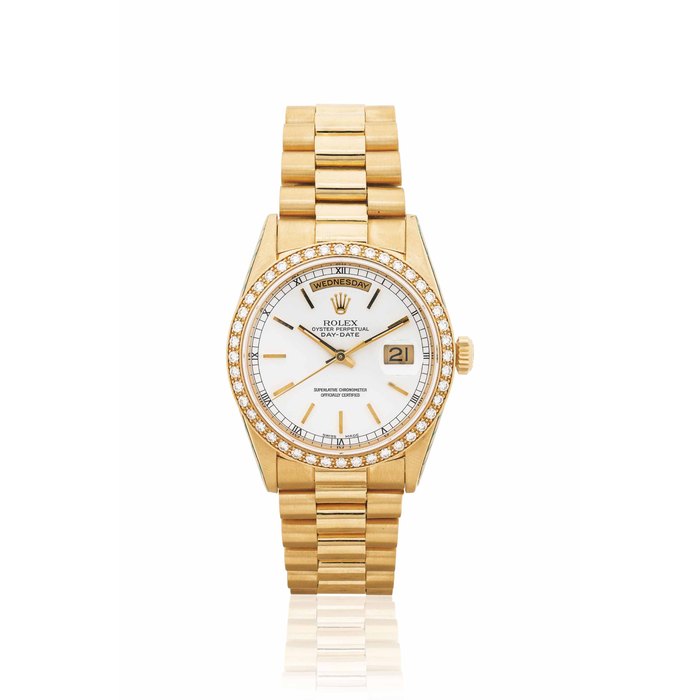 ROLEX. A FINE 18K GOLD AND DIAMOND-SET AUTOMATIC WRISTWATCH WITH SWEEP CENTRE SECONDS, DAY, DATE AND BRACELET SIGNED ROLEX, OYSTER PERPETUAL, DAY-DATE MODEL, REF. 18348, CASE NO. W544213, CIRCA 1994