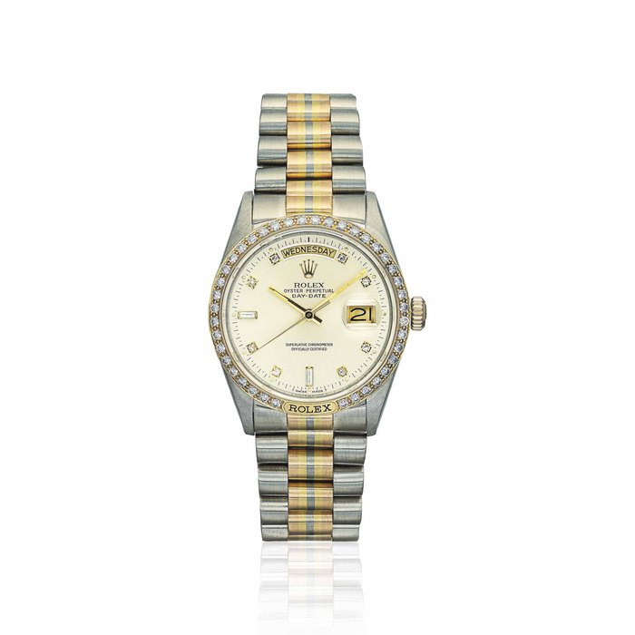ROLEX. A FINE AND RARE 18K THREE COLOUR GOLD AND DIAMOND-SET AUTOMATIC WRISTWATCH WITH SWEEP CENTRE SECONDS, DAY, DATE AND BRACELET SIGNED ROLEX, OYSTER PERPETUAL, DAY-DATE MODEL, REF. 18129, CASE NO. 9'327'406, CIRCA 1986