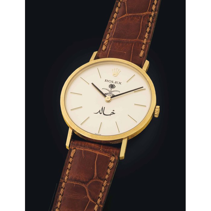 ROLEX. A VERY FINE AND UNUSUAL 18K GOLD WRISTWATCH, MADE FOR PRINCE KHALID BIN ABDULLAH BIN ABDULAZIZ AL SAUD SIGNED ROLEX, CELLINI MODEL, REF. 4112, CASE NO. 4'305'968, CIRCA 1976