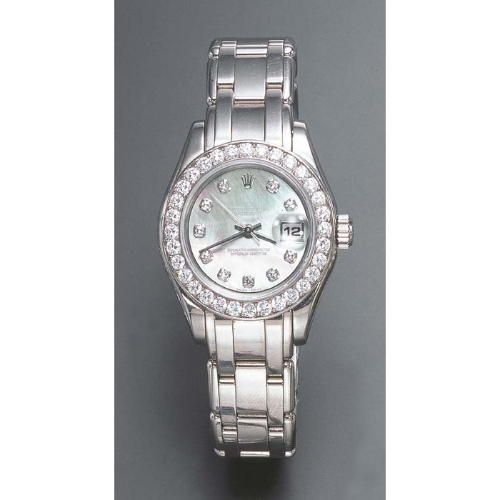 A MOTHER-OF-PEARL, DIAMOND AND WHITE GOLD "DATE JUST" WRISTWATCH, BY ROLEX