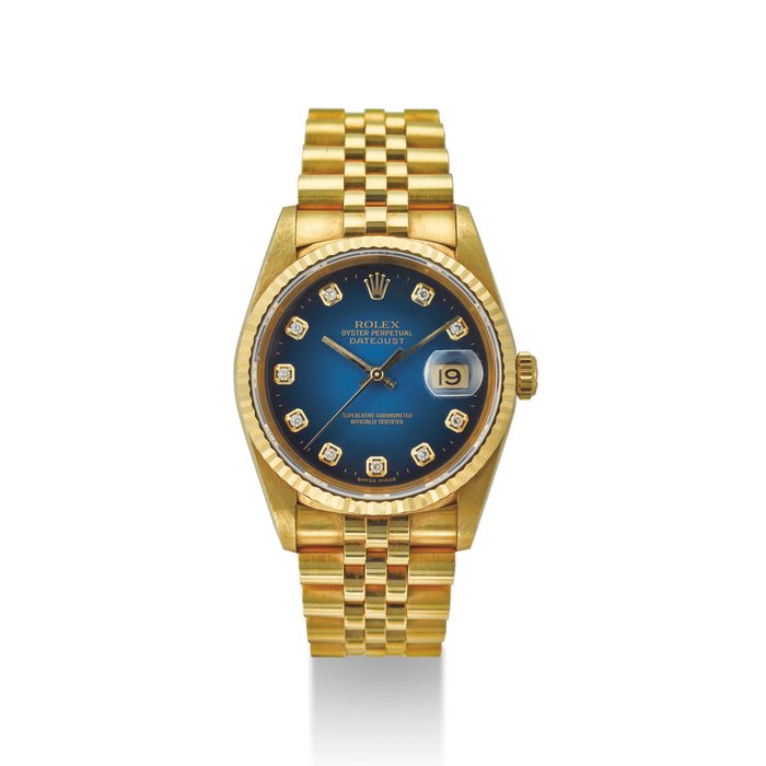 ROLEX. AN 18K GOLD AND DIAMOND-SET AUTOMATIC WRISTWATCH SWEEP CENTRE SECONDS, DATE AND BRACELET SIGNED ROLEX, OYSTER PERPETUAL, DATEJUST MODEL, REF. 16238, CASE NO. N182822, CIRCA 1991