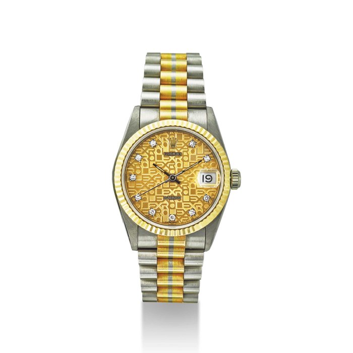 ROLEX. AN 18K THREE COLOUR GOLD AND DIAMOND-SET AUTOMATIC WRISTWATCH WITH SWEEP CENTRE SECONDS, DATE AND BRACELET SIGNED ROLEX, DATEJUST TRIDOR MODEL, REF. 68279B, CASE NO. L515714, CIRCA 1989