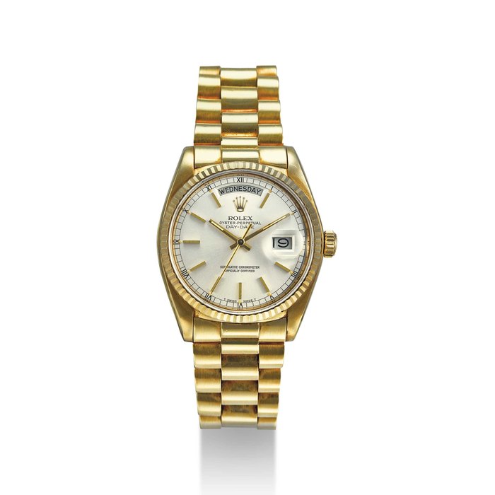 ROLEX. AN 18K GOLD AUTOMATIC WRISTWATCH WITH SWEEP CENTRE SECONDS, DAY, DATE AND BRACELET SIGNED ROLEX, OYSTER PERPETUAL, DAY-DATE MODEL, REF. 18038, CASE NO. 5’376’648, CIRCA 1978