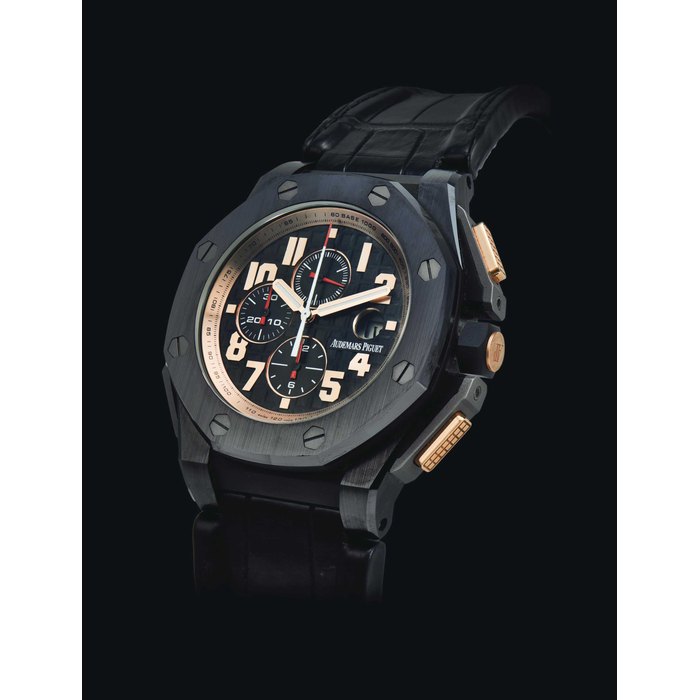 AUDEMARS PIGUET. AN 18K PINK GOLD, TITANIUM AND CERAMIC LIMITED EDITION AUTOMATIC CHRONOGRAPH WRISTWATCH WITH DATE SIGNED AUDEMARS PIGUET, ROYAL OAK OFFSHORE, ARNOLD SCHWARZENEGGER THE LEGACY MODEL, NO. 946/ 1500, REF.26378IO.OO.A001KE.01, MOVEMENT NO. 731’012, CASE NO. H21595, CIRCA 2012
