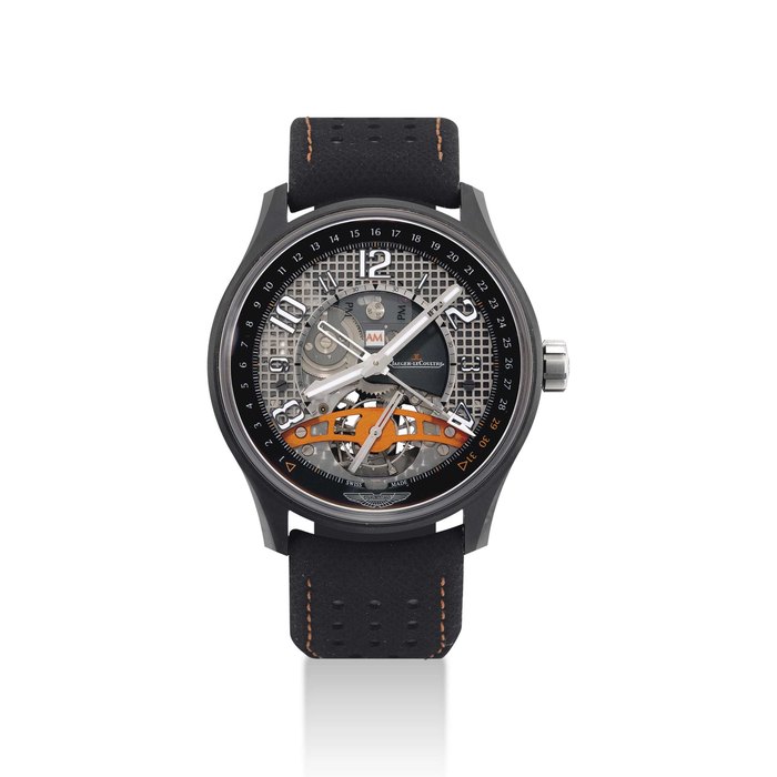 JAEGER-LECOULTRE. A BLACK PVD-COATED TITANIUM AND CERAMIC LIMITED EDITION AUTOMATIC DUAL TIME TOURBILLON WRISTWATCH WITH DATE AND DAY AND NIGHT INDICATION SIGNED JAEGER-LECOULTRE, ASTON MARTIN, AMVOX3 TOURBILLON GMT MODEL, NO. 01/035, CIRCA 2012
