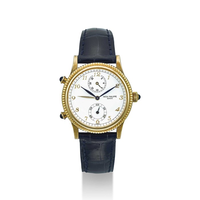 PATEK PHILIPPE. AN 18K GOLD DUAL TIME WRISTWATCH WITH 24 HOUR INDICATION AND BREGUET NUMERALS SIGNED PATEK PHILIPPE, GENEVE, REF. 4864J-001, MOVEMENT NO. 3’080’566, CASE NO. 4’036’119, CIRCA 1997