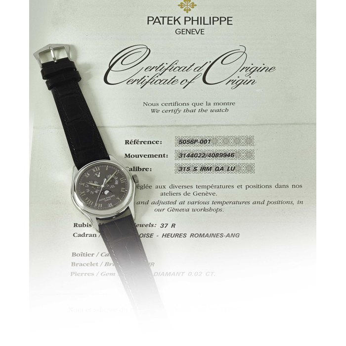 PATEK PHILIPPE. A PLATINUM AUTOMATIC ANNUAL CALENDAR WRISTWATCH WITH SWEEP CENTRE SECONDS, POWER RESERVE AND MOON PHASES SIGNED PATEK PHILIPPE, GENEVE, REF. 5056P-001, CASE NO. 4’089’946, MOVEMENT NO. 3’144’022, CIRCA 1999