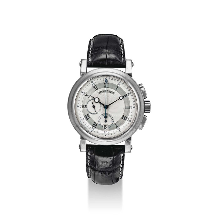 BREGUET. AN 18K WHITE GOLD AUTOMATIC CHRONOGRAPH WRISTWATCH WITH DATE SIGNED BREGUET, MARINE MODEL, REF. 5827, MOVEMENT NO. 0’150’778, CASE NO.2’212 AC, CIRCA 2005