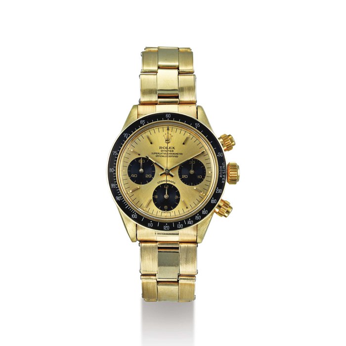 ROLEX. A 14K GOLD CHRONOGRAPH WRISTWATCH WITH BRACELET AND CHAMPAGNE DIAL SIGNED ROLEX, OYSTER, COSMOGRAPH, REF. 6263, CASE NO. 3’609’165, CIRCA 1972